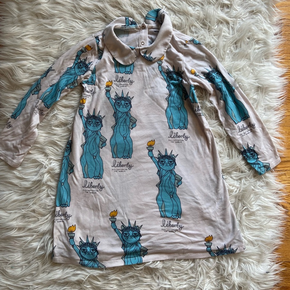 **RARE**Mini Rodini Cat Liberty Print Long Sleeve Collared Dress- Cream and Blue